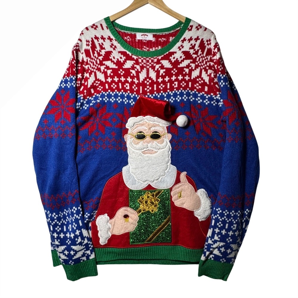Holiday Time‎ Ugly Christmas Sweater Santa Claus Sunglasses Thumbs Up 2XL
